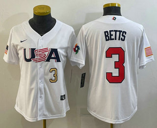 Women%27s USA Baseball #3 Mookie Betts Number 2023 White World Classic Replica Stitched Jersey